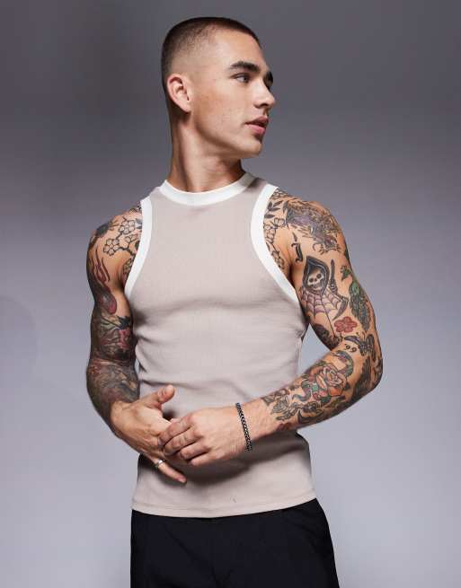 ASOS DESIGN - Geribbeld muscle fit hemdje in stone