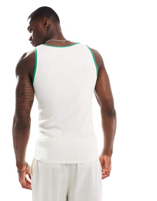 ASOS DESIGN - Geribbeld muscle fit hemdje met contrasterende biezen in crème, 4 van 4