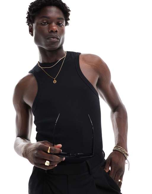ASOS DESIGN - Geribbeld muscle fit hemdje met racer-achterkant in zwart