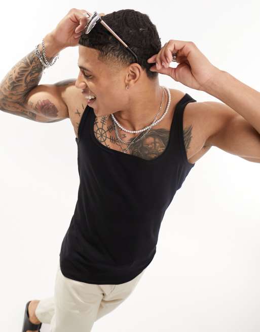ASOS DESIGN - Geribbeld, muscle fit hemdje met vierkante hals in zwart, 2 van 4