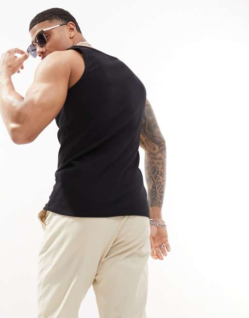 ASOS DESIGN - Geribbeld, muscle fit hemdje met vierkante hals in zwart, 4 van 4
