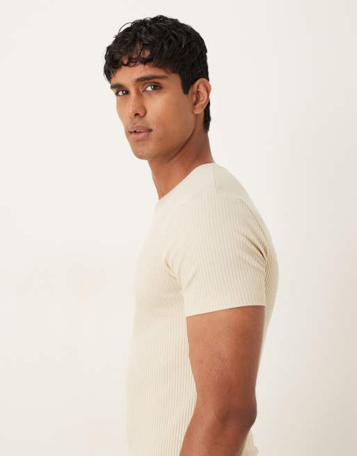ASOS DESIGN - Geribbeld muscle fit T-shirt van super zware stof in beige  , 4 van 5