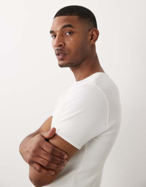 ASOS DESIGN - Geribbeld muscle fit T-shirt van super zware stof in wit, 4 van 5