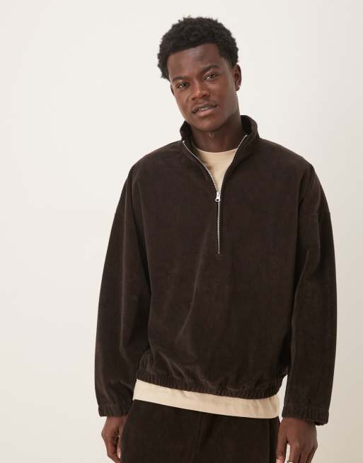 ASOS DESIGN - Geribbeld oversized trainingsjack van geribbeld velour met rechte pasvorm in bruin