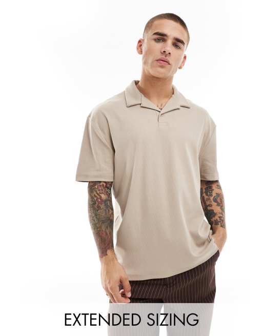 ASOS DESIGN - Geribbeld poloshirt met reverskraag in beige