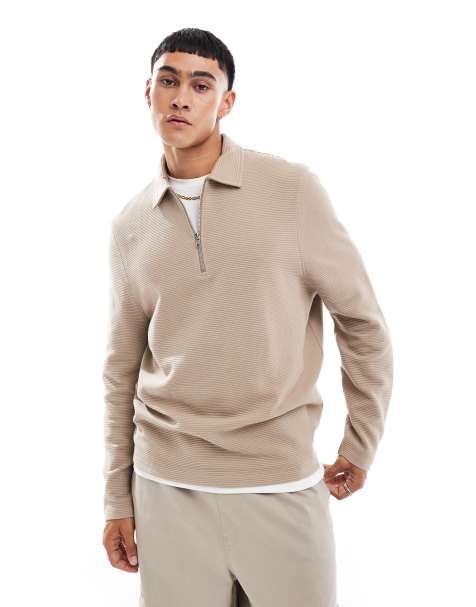 ASOS DESIGN - Geribbeld sweatshirt met kwartrits en kraagje in stone - view 1