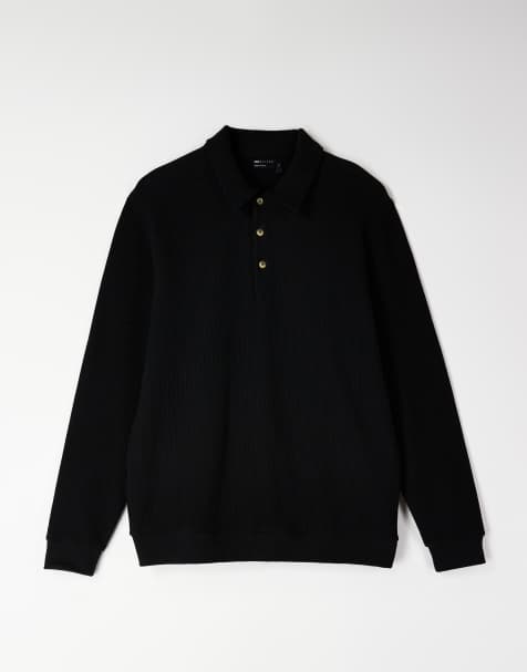 ASOS DESIGN - Geribbeld sweatshirt met polokraag in zwart - view 1