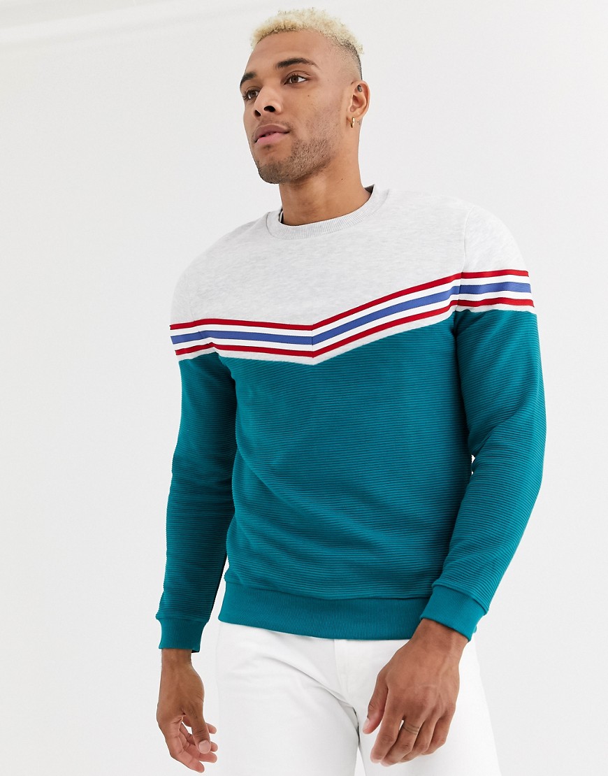 ASOS DESIGN - Geribbeld sweatshirt met visgraatmotief en kleurvlak-Groen