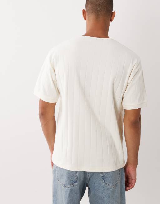 ASOS DESIGN - Geribbeld T-shirt met Henley-hals in crème, 5 van 5