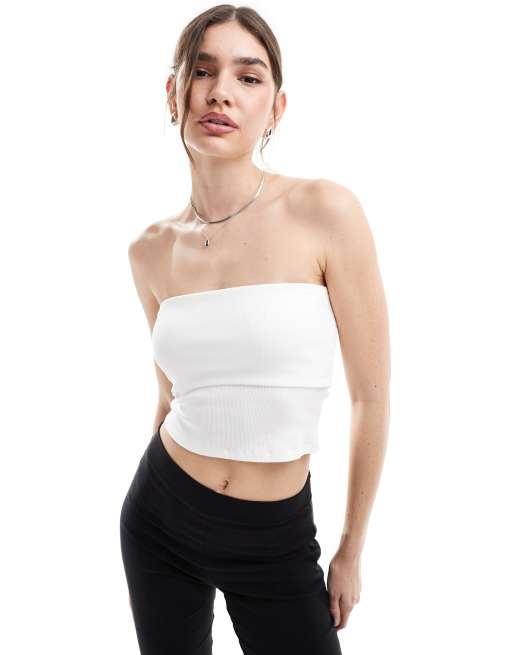 ASOS DESIGN - Geribbelde bandeautop met overslag in wit