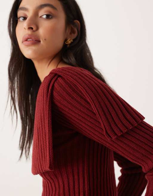ASOS DESIGN - Geribbelde bardot-trui in bordeauxrood, 2 van 4