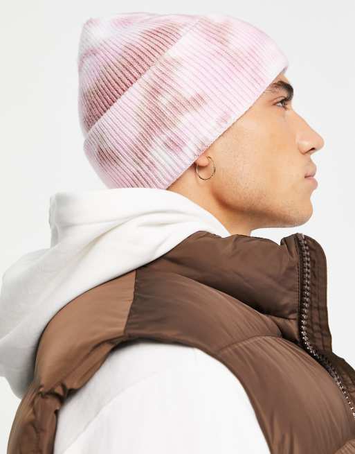 ASOS DESIGN - Geribbelde beanie met brede omgeslagen rand en tie-dye design in roze, 2 van 4
