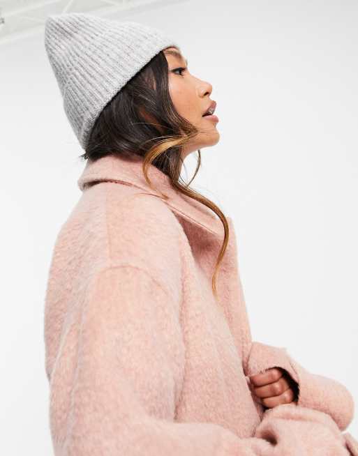 ASOS DESIGN - Geribbelde beanie met brede omgeslagen rand in gemêleerd lichtgrijs