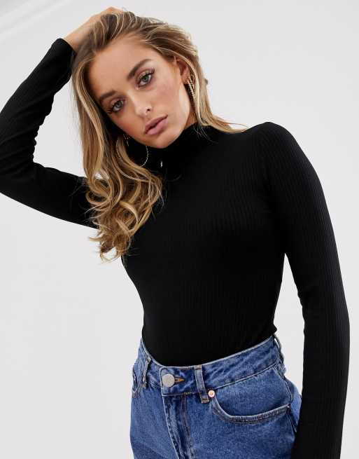 ASOS DESIGN - Geribbelde body met lange mouwen en col in zwart