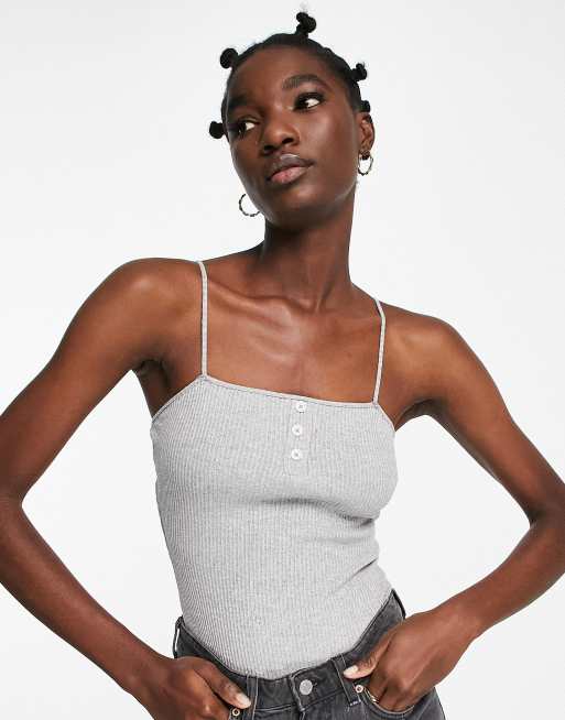 ASOS DESIGN - Geribbelde body met smalle bandjes en knopen in gemêleerd grijs