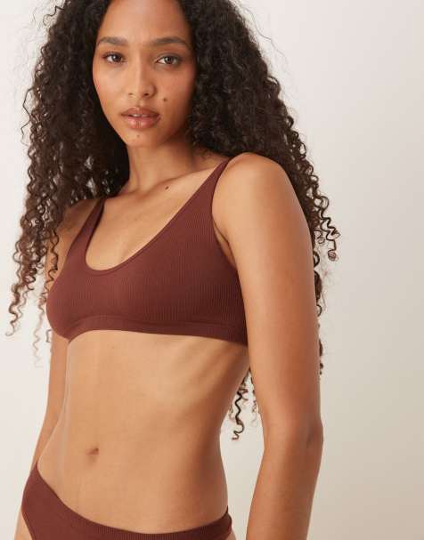 ASOS DESIGN - Geribbelde cropped bralette met lage ronde hals in chocoladebruin - view 1