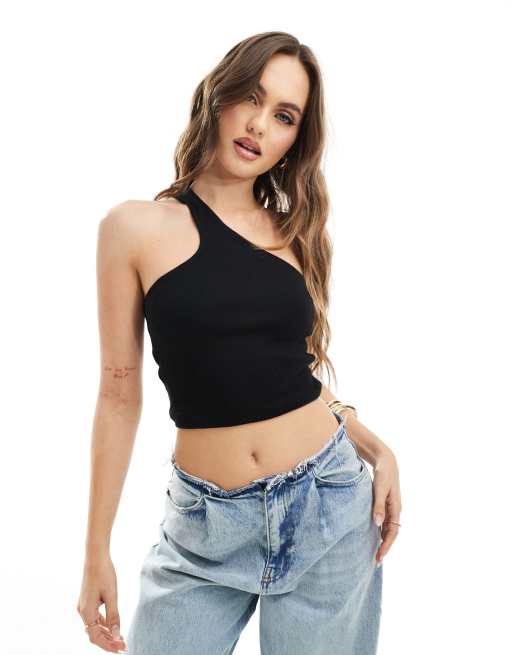 ASOS DESIGN - Geribbelde dubbellaagse crop top met blote schouder en uitsnijding in zwart