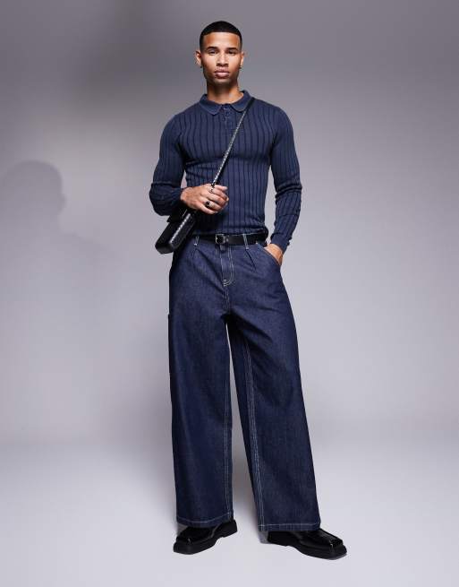 ASOS DESIGN - Geribbelde gebreide aansluitende polotrui in marineblauw met wassing , 4 van 4