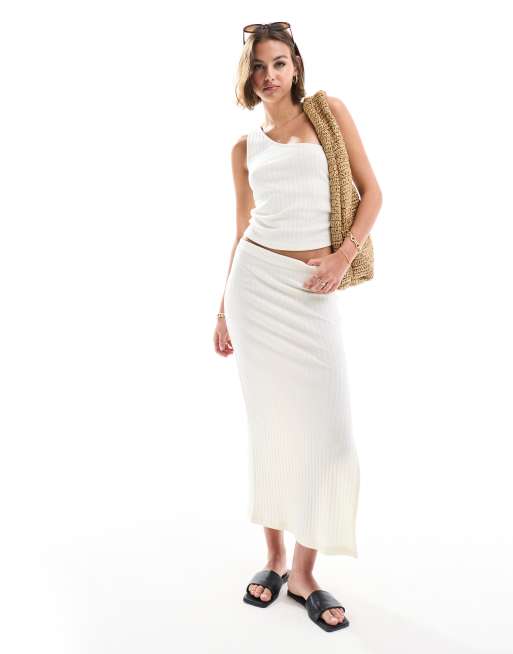 ASOS DESIGN - Geribbelde gebreide rechte midi rok in wit