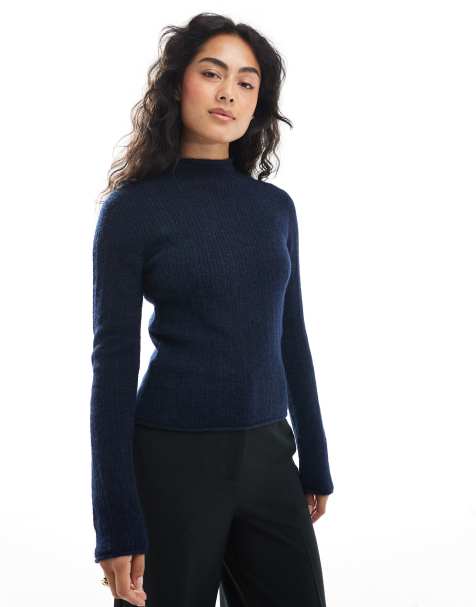 ASOS DESIGN - Geribbelde gebreide ruimvallende top met opstaande boord in marineblauw - view 1
