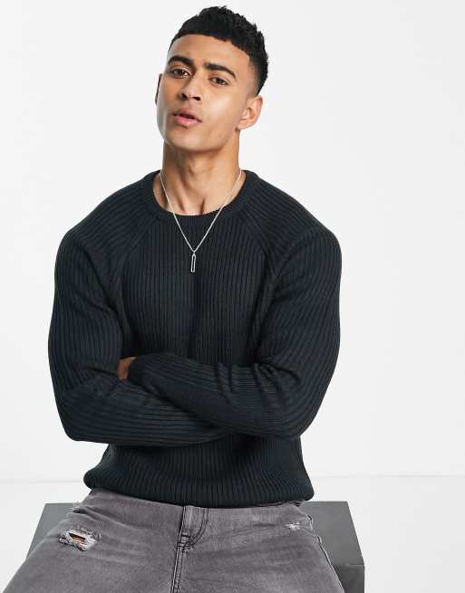 ASOS DESIGN - Geribbelde gebreide trui met ronde hals in marineblauw