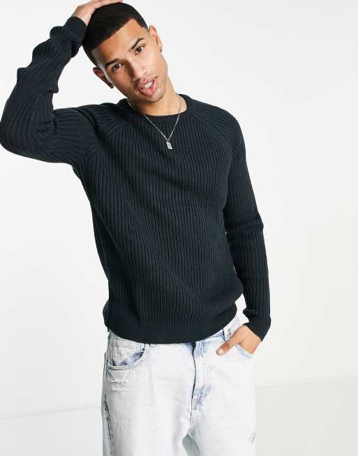 ASOS DESIGN - Geribbelde gebreide trui met ronde hals in marineblauw