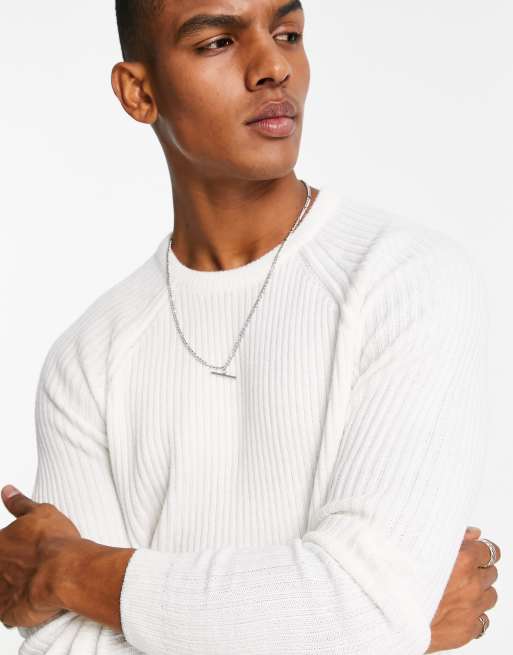ASOS DESIGN - Geribbelde gebreide trui met ronde hals in wit
