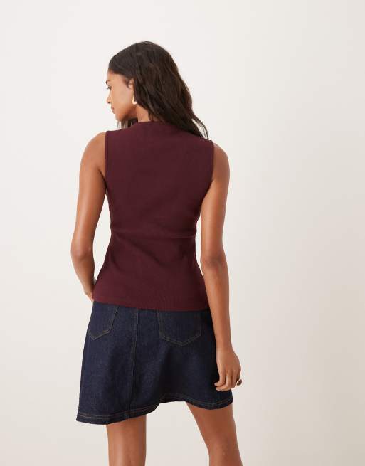 ASOS DESIGN - Geribbelde getailleerde top met lange pasvorm en knopen in pruim, 4 van 4