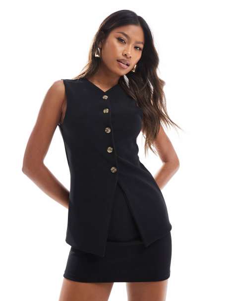 ASOS DESIGN - Geribbelde gilettop met V-hals, knoopsluiting en lange pasvorm in zwart, deel van co-ord set - view 1