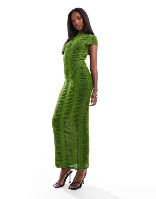 ASOS DESIGN - Geribbelde halflange bodycon jurk met kapmouwen in middengroen