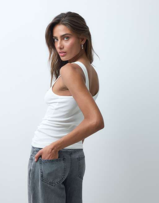 ASOS DESIGN geribbelde hemdje met lage ronde hals en knoopsluiting in ivoorwit, 5 van 5
