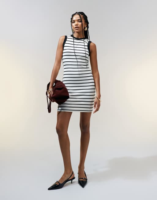 ASOS DESIGN - Geribbelde hoogsluitende mini-tankjurk in jaren 90-stijl met streepprint in zwart en wit 