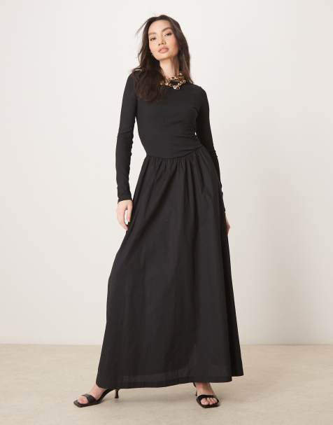ASOS DESIGN - Geribbelde hybride maxi jurk in zwart - view 1