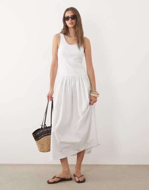 ASOS DESIGN - Geribbelde hybride maxi jurk met lage ronde hals in wit - view 1