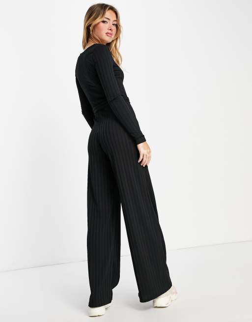 ASOS DESIGN - Geribbelde jersey jumpsuit met wijde pijpen in zwart, 2 van 4