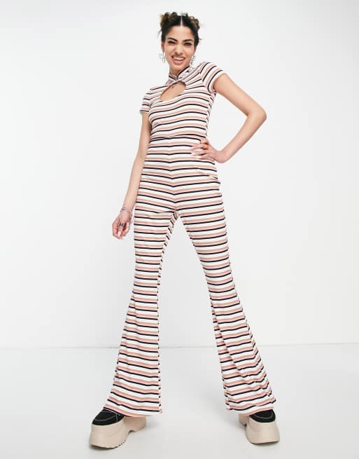 ASOS DESIGN - Geribbelde jumpsuit met keyhole en strepen