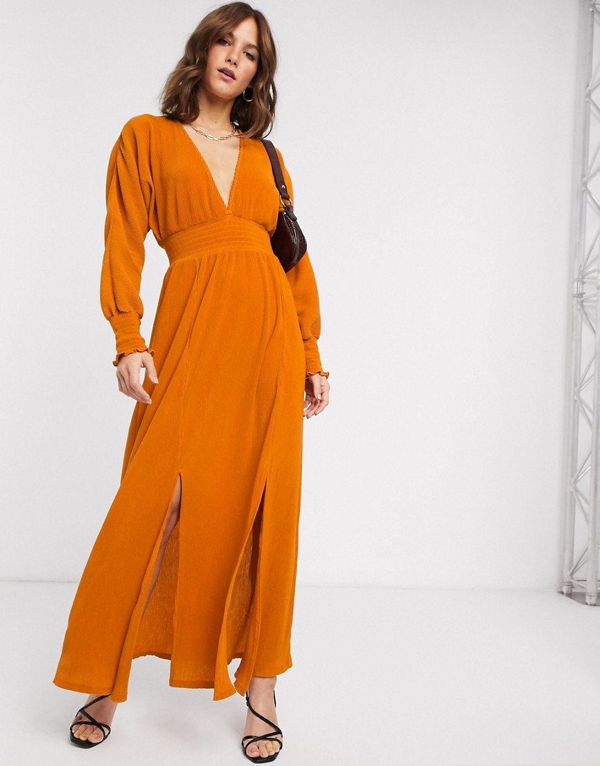 ASOS DESIGN - Geribbelde lange jurk met lange mouwen en gerimpelde taille in oranje-Multi