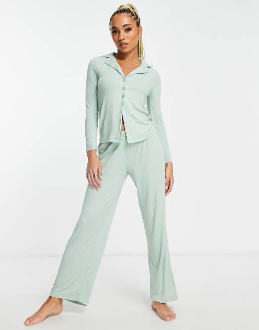 ASOS DESIGN - Geribbelde loungeset van overhemd en broek in groen