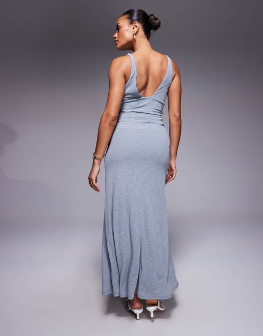 ASOS DESIGN - Geribbelde maxi-jurk met diepuitgesneden hals, mesh en gerimpelde taille in grijs, 2 van 4