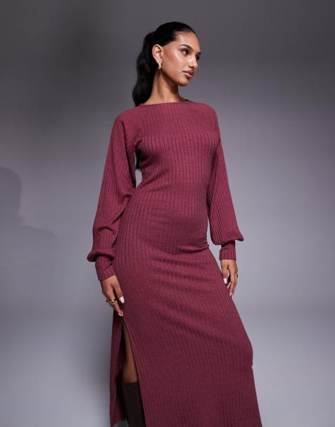 ASOS DESIGN - Geribbelde maxi jurk met lange ballonmouwen in bordeauxrood - view 1