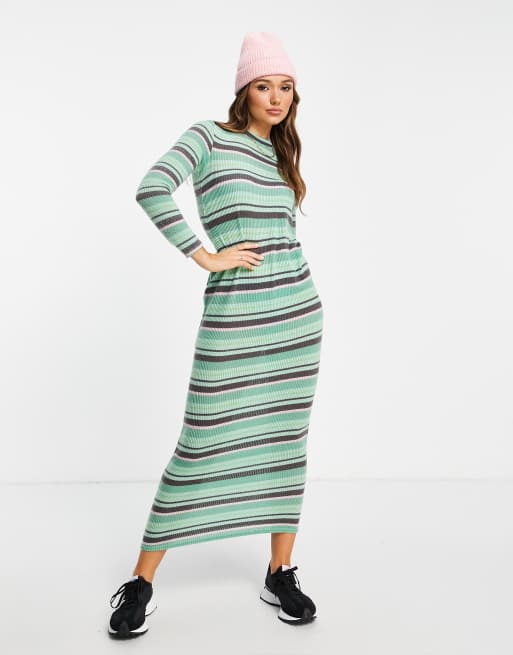 ASOS DESIGN - Geribbelde maxi-jurk met lange mouwen in groen, zwart en roze  strepen | ASOS