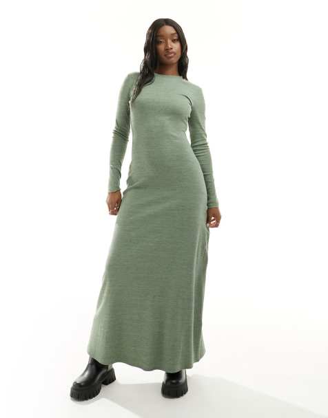 ASOS DESIGN - Geribbelde maxi kokerjurk met ronde hals in kaki - view 1