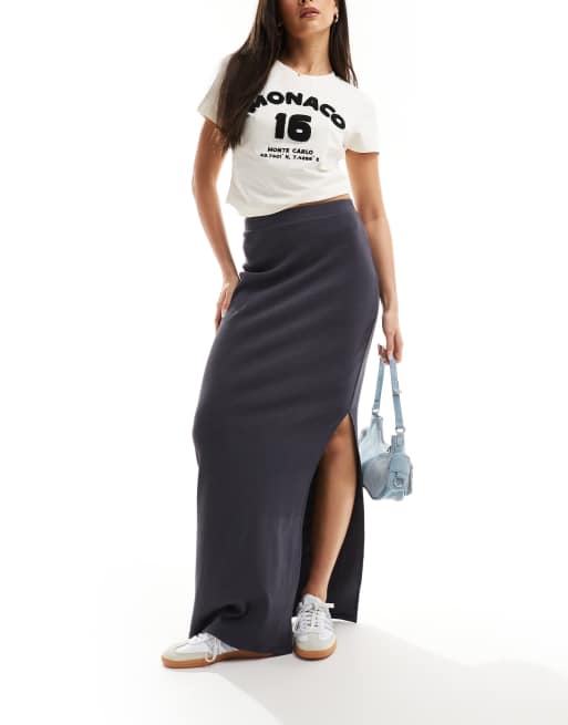 ASOS DESIGN - Geribbelde maxi-rok met zijsplit in donkergrijs