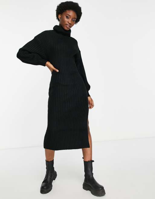 ASOS DESIGN - Geribbelde midi-jurk met col in zwart