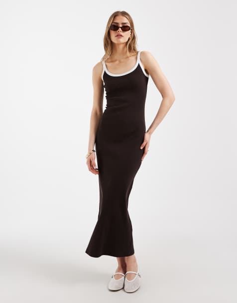 ASOS DESIGN - Geribbelde midi-jurk met contrasterende rand in chocoladebruin met witte rand - view 1