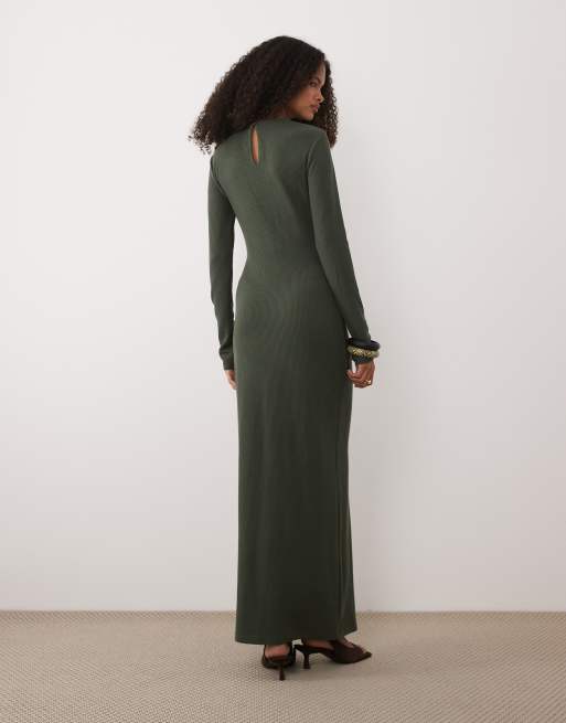 ASOS DESIGN - Geribbelde midi-jurk met gouden hardware in kaki, 2 van 4