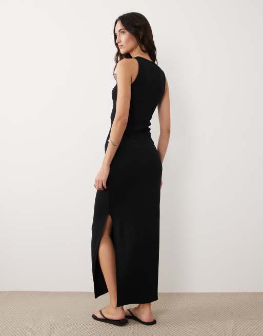 ASOS DESIGN - Geribbelde midi jurk met halternek en uitsnijding in zwart, 2 van 4