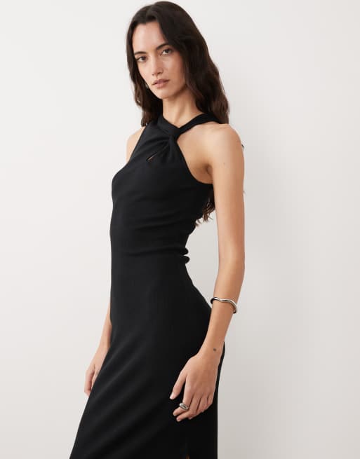 ASOS DESIGN - Geribbelde midi jurk met halternek en uitsnijding in zwart, 3 van 4