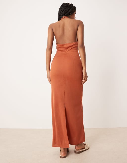 ASOS DESIGN - Geribbelde midi jurk met halternek in roest oranje, 4 van 4