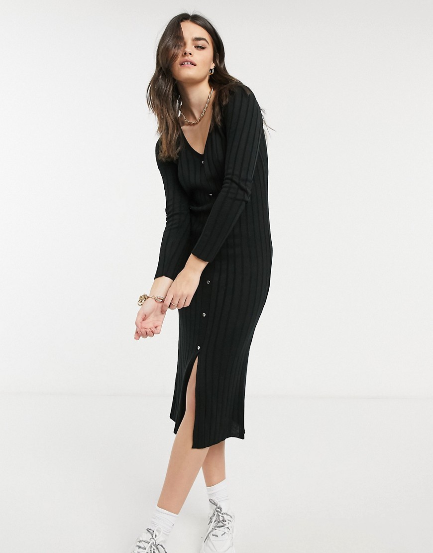ASOS DESIGN - Geribbelde midi jurk met knoopbies voor in zwart